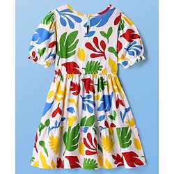 Pine Kids Cotton Knit Half Puffed Sleeves Dress with Leaves Print - White