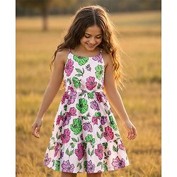 Pine Kids Cotton Knit Sleeveless Tiered Floral Printed Frock - White