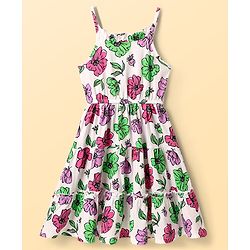 Pine Kids Cotton Knit Sleeveless Tiered Floral Printed Frock - White