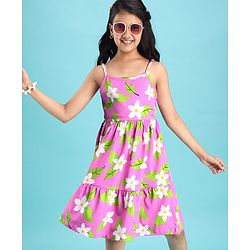 Pine Kids Cotton Knit Singlet Frock with Floral Print - Green