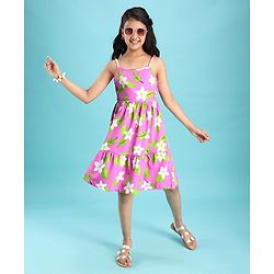 Pine Kids Cotton Knit Singlet Frock with Floral Print - Green