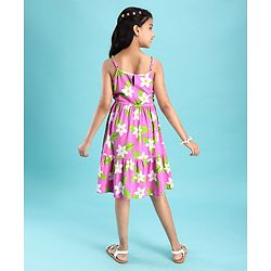 Pine Kids Cotton Knit Singlet Frock with Floral Print - Green
