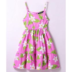 Pine Kids Cotton Knit Singlet Frock with Floral Print - Green