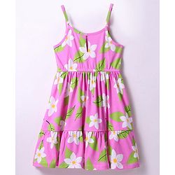 Pine Kids Cotton Knit Singlet Frock with Floral Print - Green