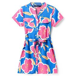Pine Kids Woven Half Sleeves Frock & Belt With Floral Print - Blue & Pink