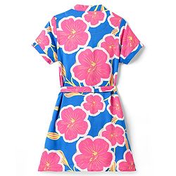 Pine Kids Woven Half Sleeves Frock & Belt With Floral Print - Blue & Pink