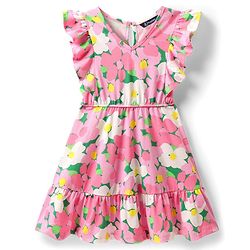 Pine Kids Cotton Knit Frill Sleeves Frock with Floral Print - Pink