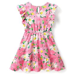 Pine Kids Cotton Knit Frill Sleeves Frock with Floral Print - Pink