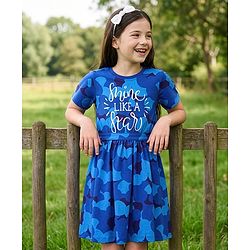 Pine Kids Cotton Knit Half Sleeves Frock with Shine Like a Star Text Print - Blue