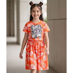 Pine Kids Cotton Knit Half Sleeves Dress With Leaf Print - Orange