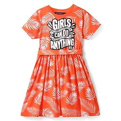 Pine Kids Cotton Knit Half Sleeves Dress With Leaf Print - Orange