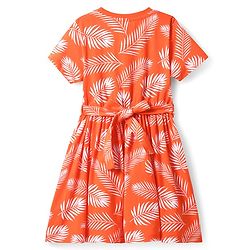 Pine Kids Cotton Knit Half Sleeves Dress With Leaf Print - Orange
