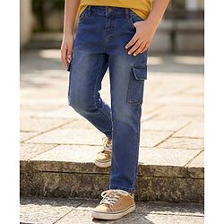 Pine Kids Woven Full Length Washed Denim Jeans With Cargo Pockets - Navy Blue
