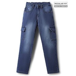 Pine Kids Woven Full Length Washed Denim Jeans With Cargo Pockets - Navy Blue