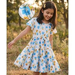 Pine Kids Cotton Woven Flutter Sleeves Frock with Floral Print - White & Light Blue