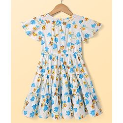Pine Kids Cotton Woven Flutter Sleeves Frock with Floral Print - White & Light Blue
