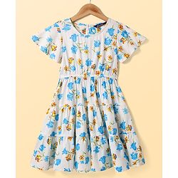 Pine Kids Cotton Woven Flutter Sleeves Frock with Floral Print - White & Light Blue