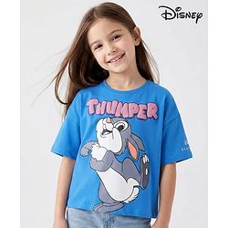 Pine Kids Disney Terry Knit Half Drop Shoulder Sleeves Oversized T-Shirt with Thumper Puff Graphics - Blue