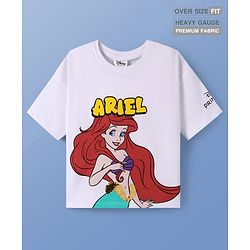 Pine Kids Disney Terry Knit Half Sleeves Oversized Drop Shoulder T-Shirt With Disney Princess Ariel Graphics And Sequins Detailing - White
