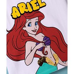 Pine Kids Disney Terry Knit Half Sleeves Oversized Drop Shoulder T-Shirt With Disney Princess Ariel Graphics And Sequins Detailing - White