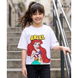 Pine Kids Disney Terry Knit Half Sleeves Oversized Drop Shoulder T-Shirt With Disney Princess Ariel Graphics And Sequins Detailing - White