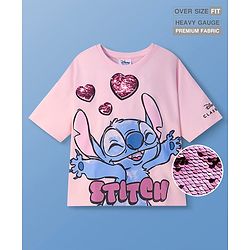 Pine Kids Disney Terry Knit Half Drop Shoulder Sleeves Oversized T-Shirt with Stitch Graphic & Reversible Sequins Detailing - Pink