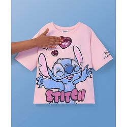 Pine Kids Disney Terry Knit Half Drop Shoulder Sleeves Oversized T-Shirt with Stitch Graphic & Reversible Sequins Detailing - Pink