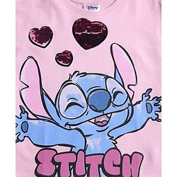 Pine Kids Disney Terry Knit Half Drop Shoulder Sleeves Oversized T-Shirt with Stitch Graphic & Reversible Sequins Detailing - Pink