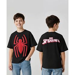 Pine Kids Marvel Terry Knit Half Drop Shoulder Sleeves Oversized T-Shirt with Spider Man Graphics & Applique - Black