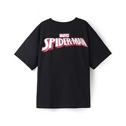 Pine Kids Marvel Terry Knit Half Drop Shoulder Sleeves Oversized T-Shirt with Spider Man Graphics & Applique - Black