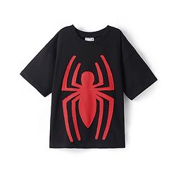 Pine Kids Marvel Terry Knit Half Drop Shoulder Sleeves Oversized T-Shirt with Spider Man Graphics & Applique - Black