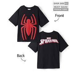 Pine Kids Marvel Terry Knit Half Drop Shoulder Sleeves Oversized T-Shirt with Spider Man Graphics & Applique - Black