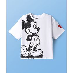 Pine Kids Disney Terry Knit Half Sleeves Oversized Drop Shoulder T-Shirt With Front And Back Mickey Mouse Graphics And Foil Print Detailing - White