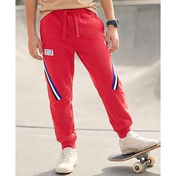Pine Kids Cotton Knit Full Length Track Pants with Tape Detailing - Red