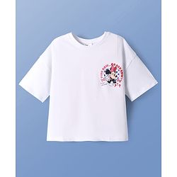 Pine Kids Disney Terry Knit Half Sleeves Oversized Drop Shoulder T-Shirt With Minnie Mouse Front And Back Graphics - White