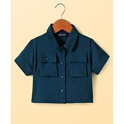 Pine Kids Woven Half Sleeves Solid Color Shirt Style Top with Inner Slip - Navy Blue