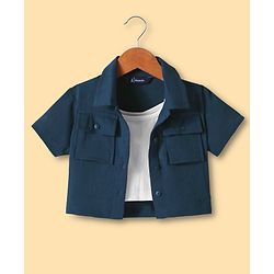 Pine Kids Woven Half Sleeves Solid Color Shirt Style Top with Inner Slip - Navy Blue