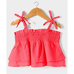 Pine Kids Cotton Woven Singlet Textured Top with Smock Detailing - Red
