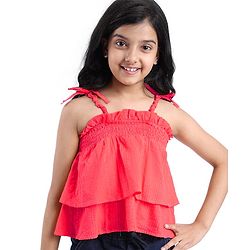 Pine Kids Cotton Woven Singlet Textured Top with Smock Detailing - Red