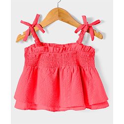 Pine Kids Cotton Woven Singlet Textured Top with Smock Detailing - Red