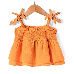 Pine Kids Cotton Woven Singlet Textured Top with Smock Detailing - Orange