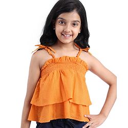 Pine Kids Cotton Woven Singlet Textured Top with Smock Detailing - Orange