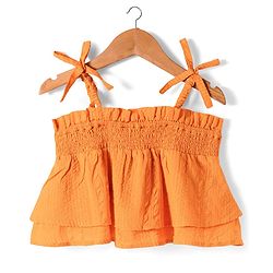 Pine Kids Cotton Woven Singlet Textured Top with Smock Detailing - Orange