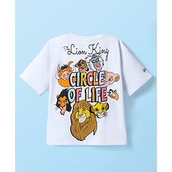 Pine Kids Disney Terry Knit Half Sleeves Oversize Drop Shoulder T-Shirt With Front And Back Lion King Graphics - White