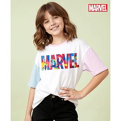 Pine Kids Marvel Terry Knit Half Sleeves Oversize Drop Shoulder T-Shirt With Marvel Graphics - White