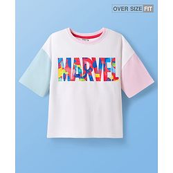 Pine Kids Marvel Terry Knit Half Sleeves Oversize Drop Shoulder T-Shirt With Marvel Graphics - White