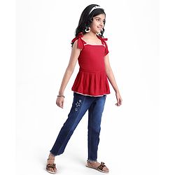 Pine Kids Woven Sleeveless Textured Top with Lace Detailing - Maroon