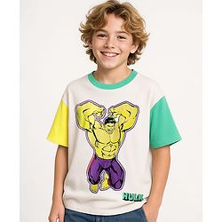 Pine Kids Marvel Terry Knit Half Sleeves Oversized And Drop Shoulder T-Shirt With Front And Back Hulk Graphics - White