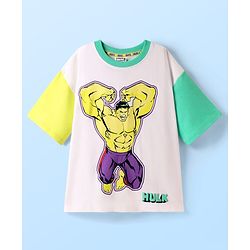 Pine Kids Marvel Terry Knit Half Sleeves Oversized And Drop Shoulder T-Shirt With Front And Back Hulk Graphics - White