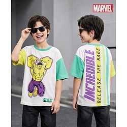 Pine Kids Marvel Terry Knit Half Sleeves Oversized And Drop Shoulder T-Shirt With Front And Back Hulk Graphics - White